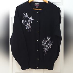 BUBBLES Black Beaded Cardigan M/L Embellished Floral Sequins VTG